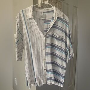 Rails Striped Button-Up Linen Shirt - White and Blue
